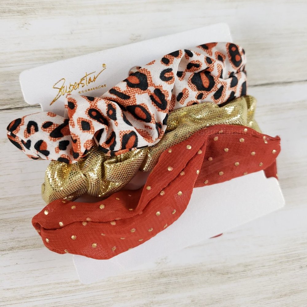 Leopard, Gold, Polka Dot Scrunchie Set - Orange